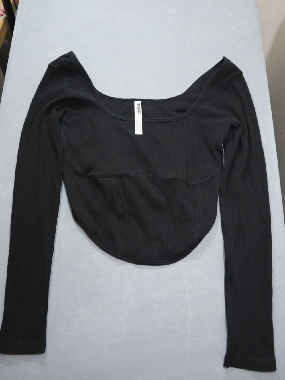 PINK Victoria's Secret Corset Crop Top XL Black Ribbed Long Sleeve Scoop Neck